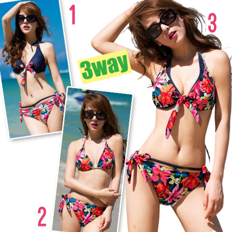 セパレート3way！3点セット ボタニカル柄ワイヤー×三角ビキニ水着 花柄