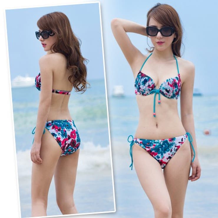 3点セット☆キレイ色水彩花柄ワイヤーフリルビキニ☆ミニスカートにも