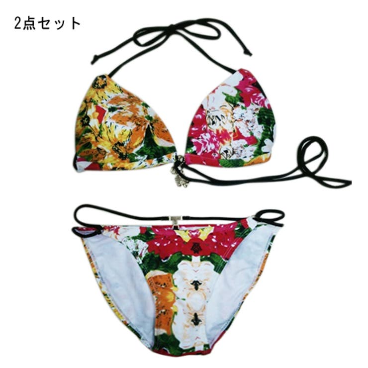 ダークトロピカルフラワーダブルアンダービキニ（2点セット/水着/三角