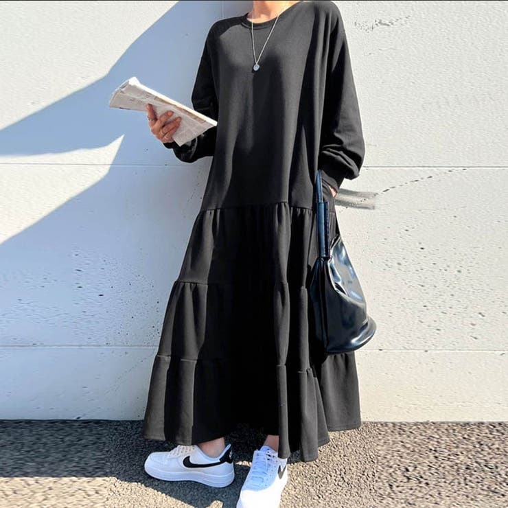 ブラック】韓国ファッション らくちん可愛い ティアードスウェット