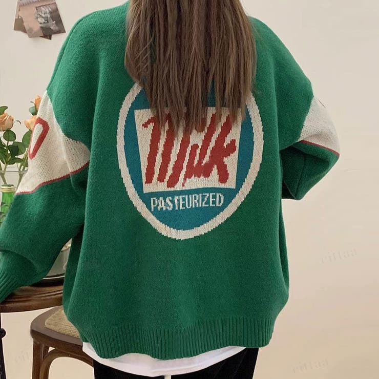 グレー】韓国ファッション milkバックロゴニットカーディガン セーター