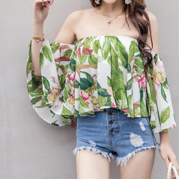 2017春夏新作 春先行南国ボタニカル柄オフショルダートップス | LoveTiara | 詳細画像5 