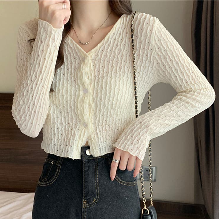 ベージュ | サマーカーディガン Vネック 透かし編み | LTL