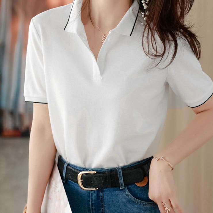 ホワイト | 配色ライン襟付き 半袖 Tシャツ | LTL