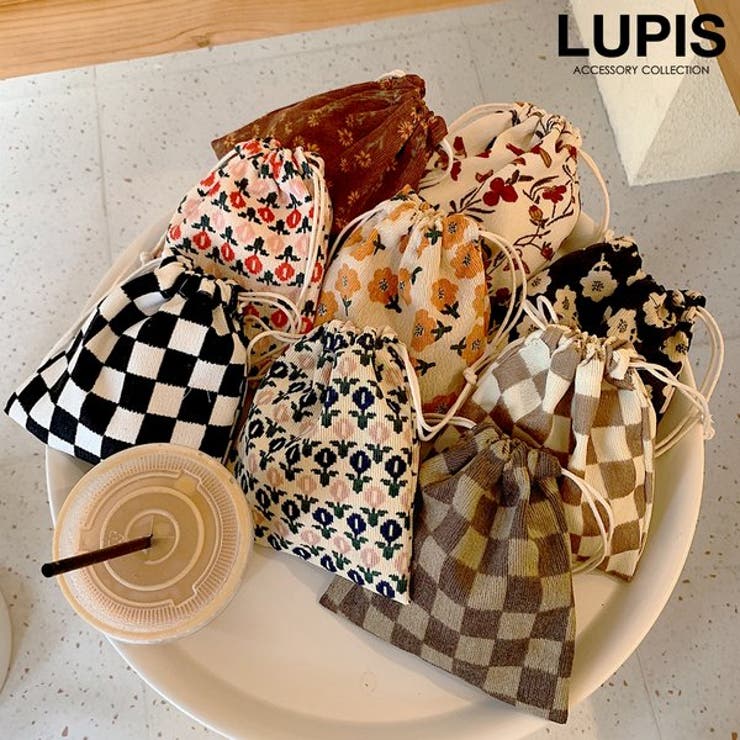 フラワー×チェック柄コーデュロイ巾着ポーチ【小ぶり】 | LUPIS | 詳細画像1 