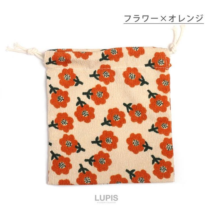 フラワー×オレンジ | フラワー×チェック柄コーデュロイ巾着ポーチ【小ぶり】 | LUPIS
