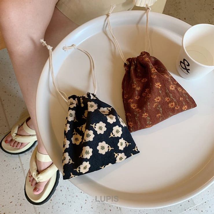 フラワー×チェック柄コーデュロイ巾着ポーチ【小ぶり】 | LUPIS | 詳細画像2 