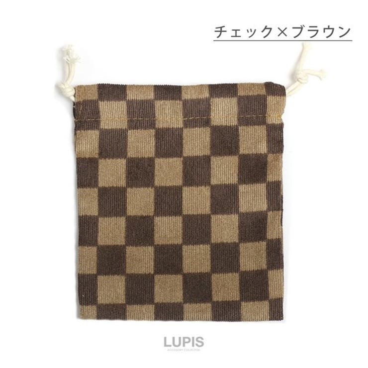 チェック×ブラウン | フラワー×チェック柄コーデュロイ巾着ポーチ【小ぶり】 | LUPIS
