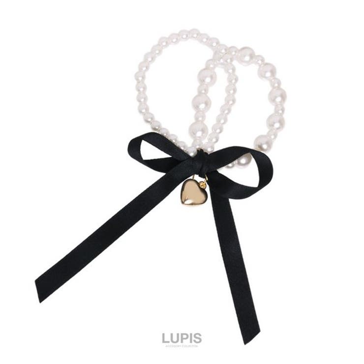 ブラック | リボン×ハート2連パールヘアゴム【へアクセサリー】 | LUPIS