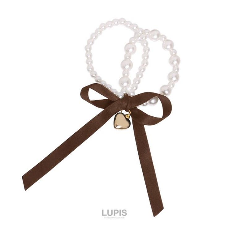 ブラウン | リボン×ハート2連パールヘアゴム【へアクセサリー】 | LUPIS