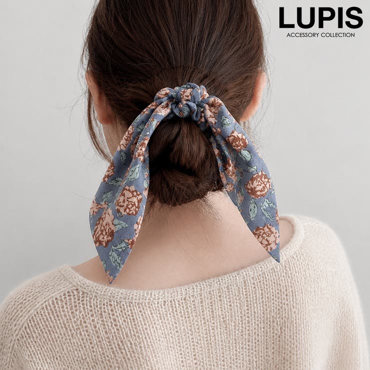 ブルー | フラワー柄スカーフリボンシュシュ | LUPIS