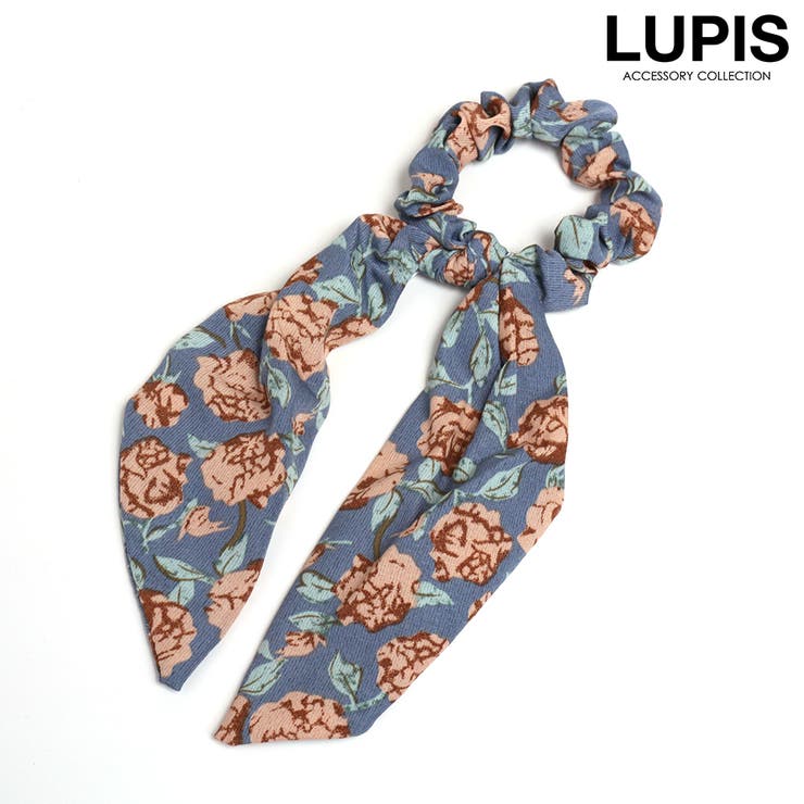 ブルー | フラワー柄スカーフリボンシュシュ | LUPIS