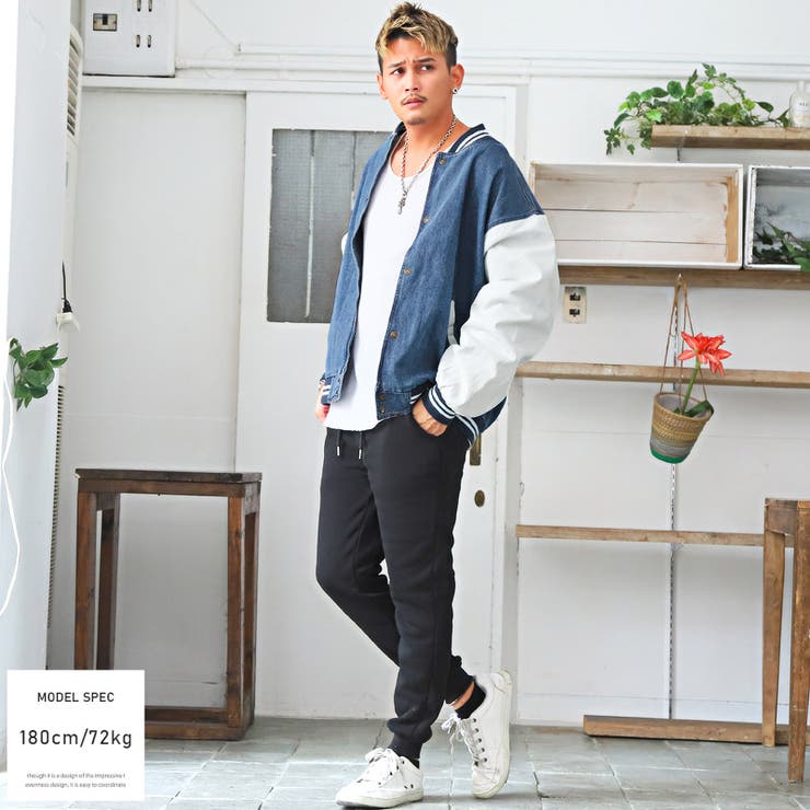 デニムスタジャン グレー/ホワイト Lサイズ相当 ジェネレス GENELESS スタジャン メンズ ゆったり スタジアム