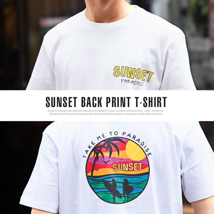 Tシャツメンズ半袖プリントイラストサンセットロゴメンズTシャツ半袖Tシャツカットソートップスバックプリントホワイトネイビーラベンダーサーフ夏カジュアルビター系BITTERaa-1485