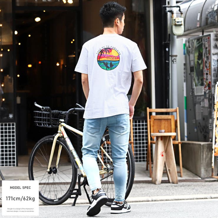 Tシャツメンズ半袖プリントイラストサンセットロゴメンズTシャツ半袖Tシャツカットソートップスバックプリントホワイトネイビーラベンダーサーフ夏カジュアルビター系BITTERaa-1485