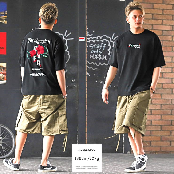Tシャツメンズ半袖ビッグシルエットバラ刺繍ロゴ【バラ刺繍バックプリントTシャツ】イラストローズバックプリントドロップショルダー大きいサイズゆったりストリートユニセックスビター系BITTER