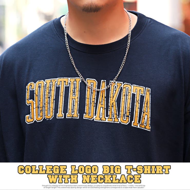Tシャツメンズ半袖ネックレス付きカレッジロゴビッグシルエット2点セット【ネックレス付きカレッジロゴBIGTシャツ】メンズTシャツビッグTシャツドロップショルダーゆったりカジュアルストリート韓国系