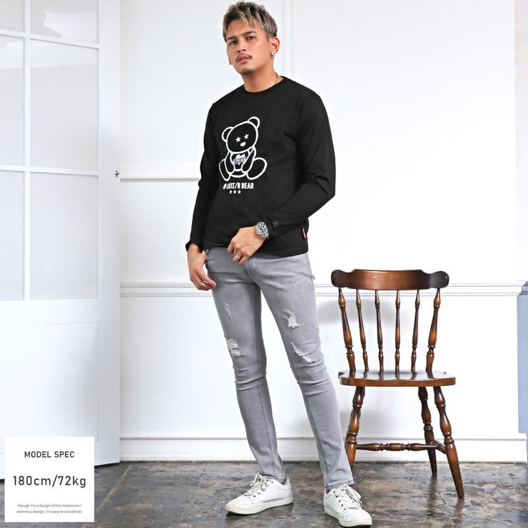 ロンTメンズ長袖TシャツテディベアアップリケボアもこもこメンズロンTカットソー長袖トップスクマベアアニマルふわふわホワイトブラックカジュアルビター系BITTERaa-1891
