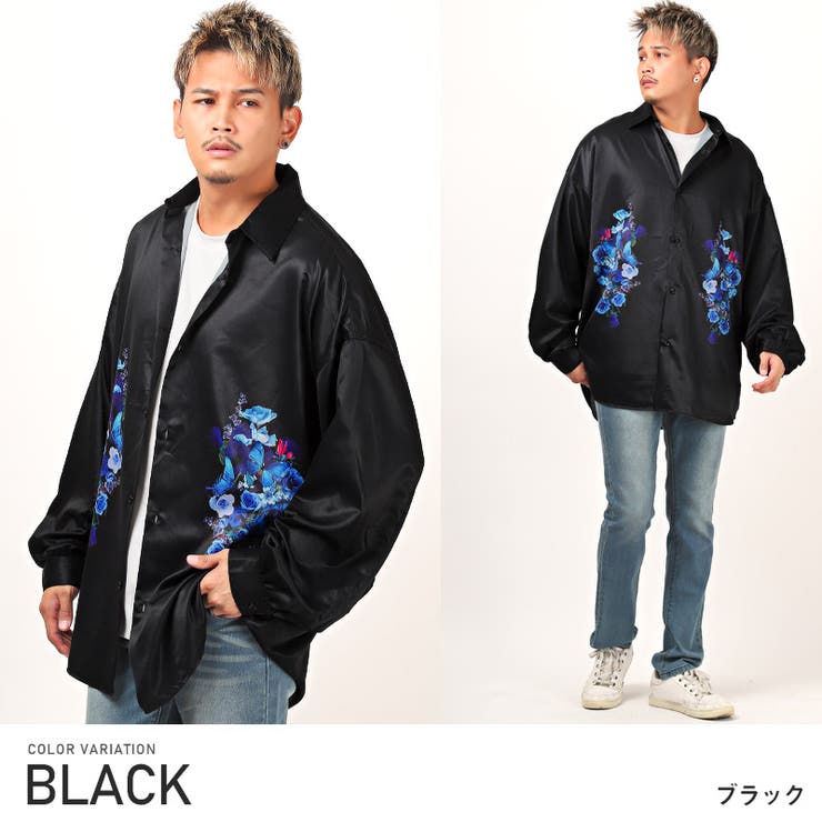 長袖シャツメンズビッグシルエットバルーンスリーブサテンプリント【花柄サテンバルーンスリーブシャツ】ビッグシャツ長袖花フラワー蝶バタフライルーズシンプルカジュアルストリート