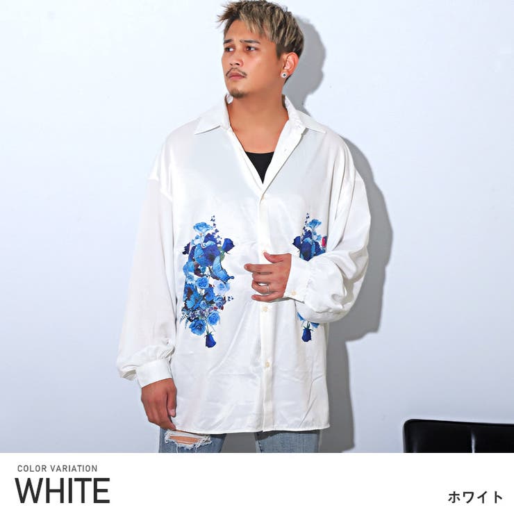 長袖シャツメンズビッグシルエットバルーンスリーブサテンプリント【花柄サテンバルーンスリーブシャツ】ビッグシャツ長袖花フラワー蝶バタフライルーズシンプルカジュアルストリート
