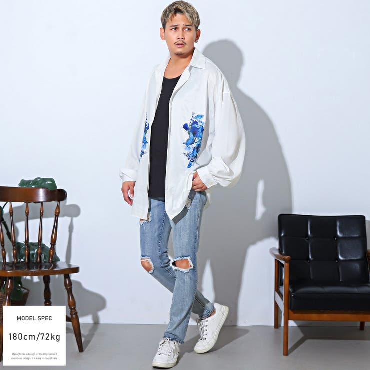 長袖シャツメンズビッグシルエットバルーンスリーブサテンプリント【花柄サテンバルーンスリーブシャツ】ビッグシャツ長袖花フラワー蝶バタフライルーズシンプルカジュアルストリート