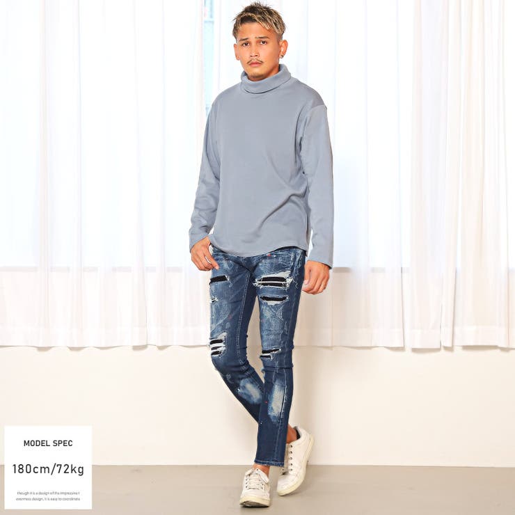 デニムパンツメンズスキニーダメージ加工リペアペンキメンズデニムスキニーデニムダメージパンツストレッチインディゴブルースリムタイトビター系BITTERaa-1963