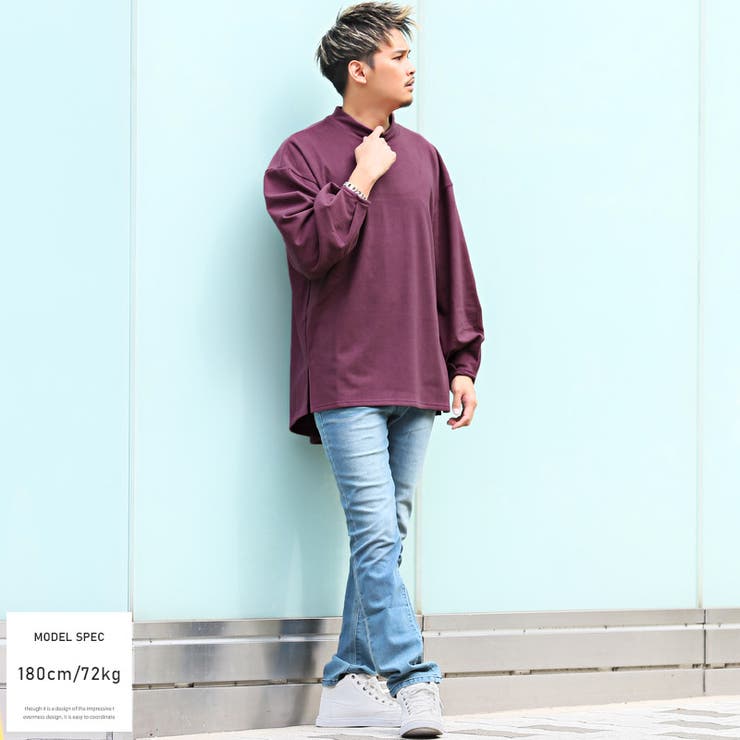 ロンTメンズ長袖Tシャツモックネックストレッチビッグシルエット【フリースモックネックロンT】カットソー無地ハイネックサイドスリットラウンドカットゆったり暖かストリート韓国系秋冬ビター系BITTER