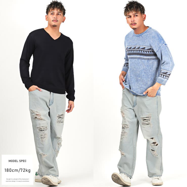 デニムパンツメンズジーンズダメージペイズリー【ペイズリー貼り付けダメージワイドデニムパンツ】スキニーデニムクラッシュGパンボトムスワイドパンツジーパンヴィンテージBITTERビター系