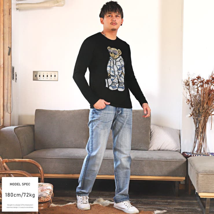 ロンTメンズ長袖Tシャツベアテディベアプリント【RUMSODA(ラムソーダ)ベアプリント天竺ロンT】カットソートップスクルーネックカジュアル長袖クマ春秋ストリート韓国系ビター系BITTER