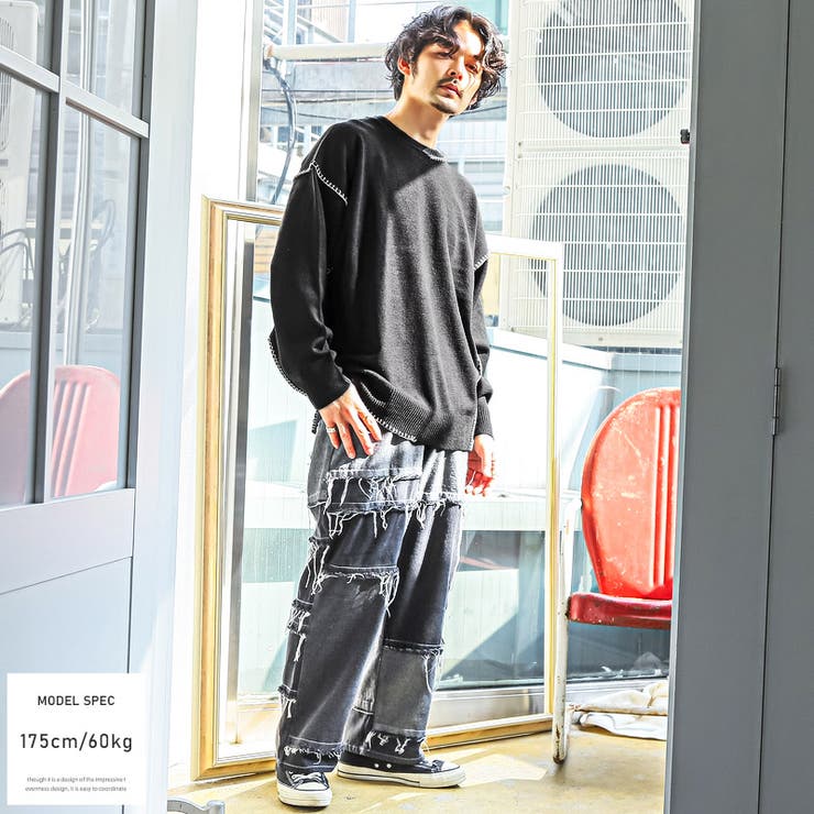 ニットメンズセータービッグシルエットステッチクルーネックメンズニットニットセータードロップショルダーホワイトブラックゆったりユニセックスストリート韓国aa-2322