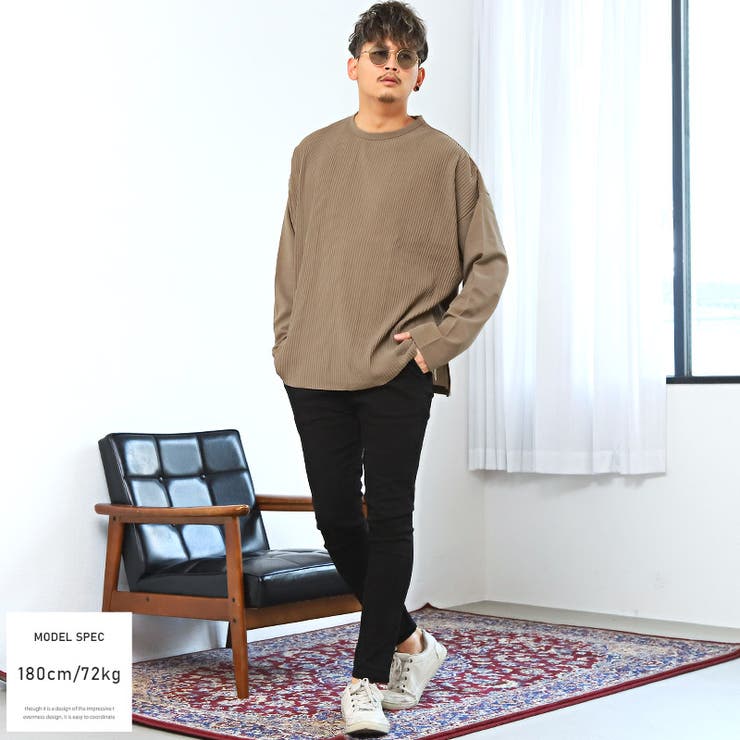 ロンTメンズレディース長袖ビッグシルエット【クレーププリーツBIGロンT】トップスクルーネックゆったりBIGストレッチ無地プリーツサイドスリットカジュアルストリートユニセックス春服秋服