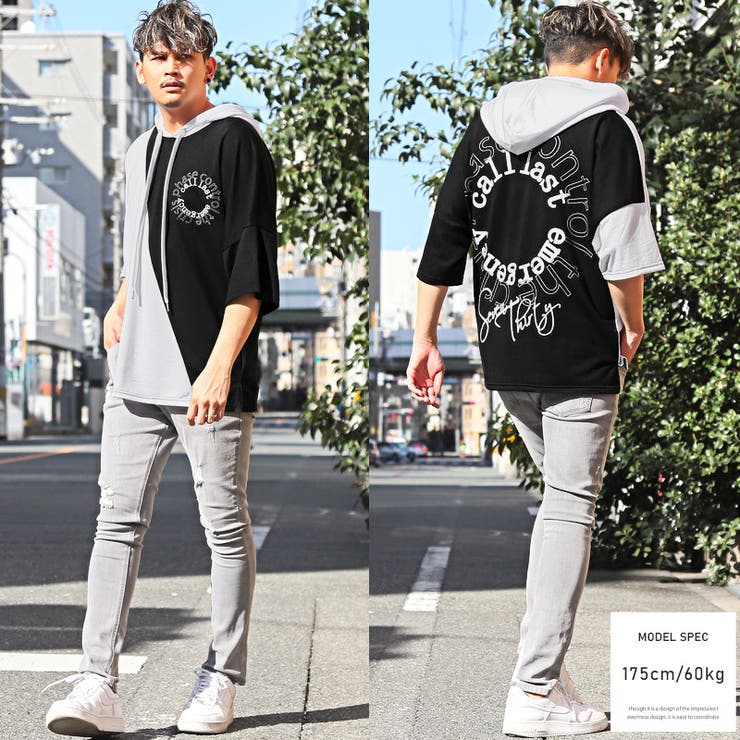 パーカーメンズ半袖七分袖ビッグシルエットロゴ刺繍春夏【サークルロゴ刺繍クレイジー切替7分袖パーカー】Tパーカードルマンスリーブトップスフードモノトーンカジュアルストリート韓国系