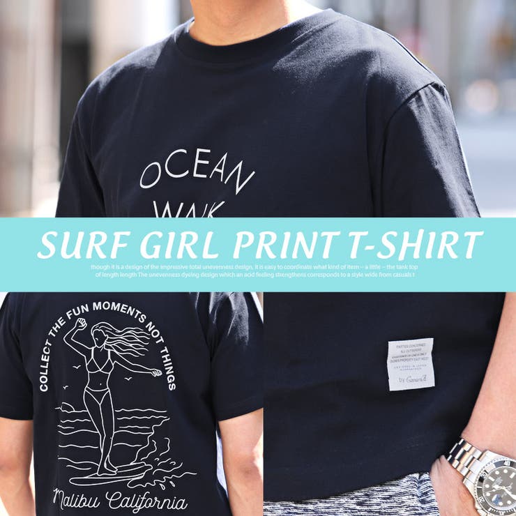 Tシャツメンズ半袖プリントTシャツロゴイラストサーフガールメンズTシャツ半袖Tシャツカットソークルーネックホワイトブラックネイビー夏リゾートビター系BITTERaa-2431