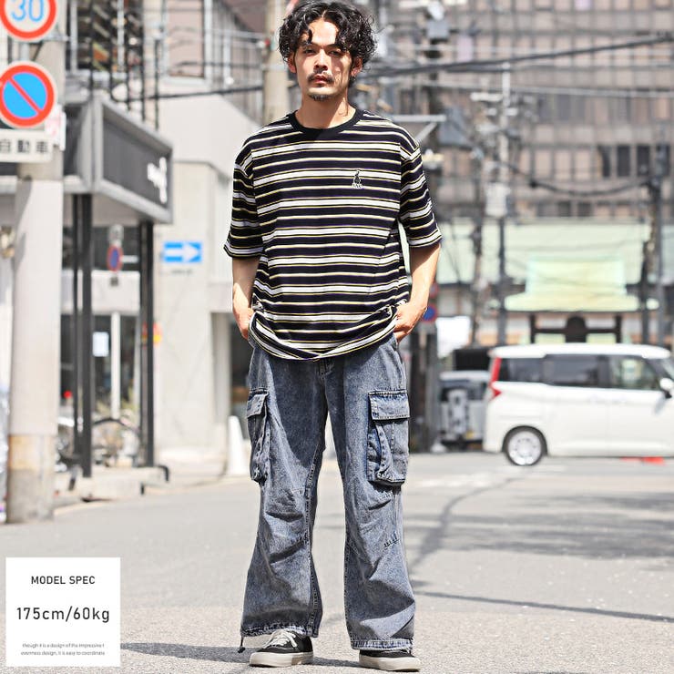 Tシャツメンズレディース半袖半袖Tシャツボーダービッグシルエットマルチボーダーワンポイント刺繍ワッペンレトロ90s夏古着風韓国ストリートカジュアルユニセックスaa-2526
