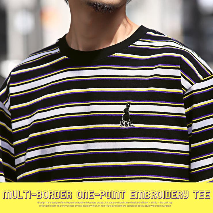 Tシャツメンズレディース半袖半袖Tシャツボーダービッグシルエットマルチボーダーワンポイント刺繍ワッペンレトロ90s夏古着風韓国ストリートカジュアルユニセックスaa-2526