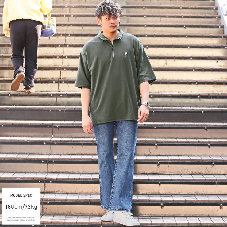 Tシャツメンズ半袖5分袖ハーフジップビッグシルエット薔薇刺繍ワンポイントメンズTシャツカットソーオーバーサイズドロップショルダースタンドカラーモードストリート韓国aa-2527