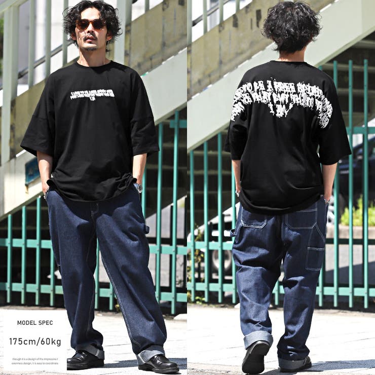 Tシャツメンズ半袖ビッグシルエット発泡プリントバックロゴメンズT半袖Tシャツカットソーバックプリントドロップショルダードルマンスリーブストリート韓国aa-2585