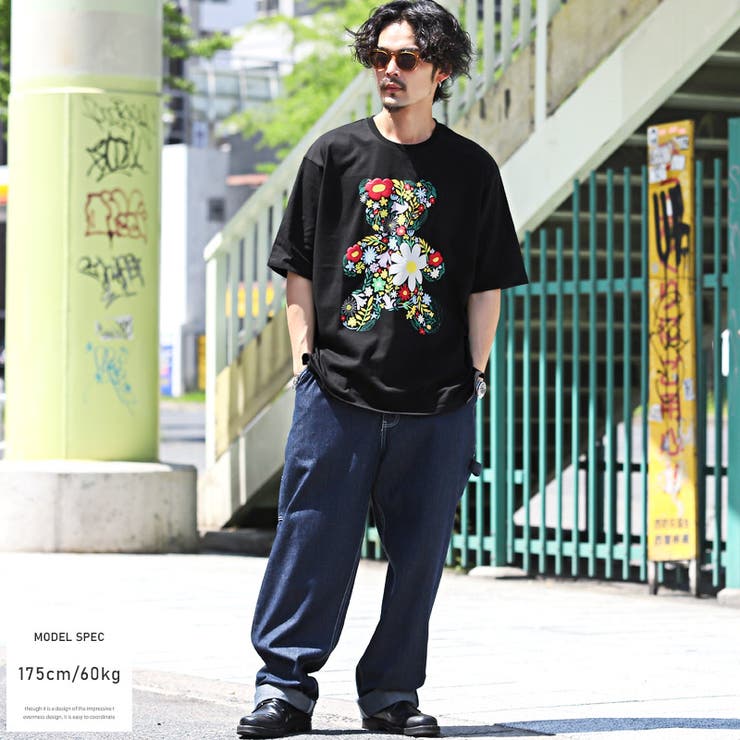 Tシャツメンズ半袖ベアフラワープリント花メンズT半袖Tシャツカットソークマ発泡プリントクルーネックホワイトブラック綿コットンカジュアルストリート韓国aa-2587