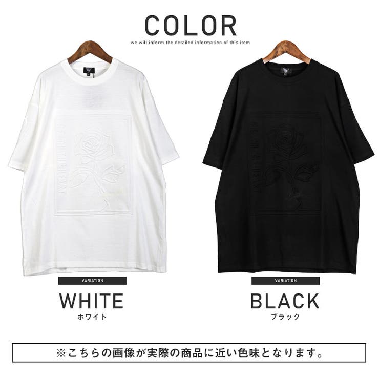 Tシャツエンボス加工半袖薔薇刺繍半袖Tシャツトップスカットソーローズフラワー花柄ロゴ立体3D凹凸無地シンプルホワイトブラックカジュアルストリートビター系BITTER春夏aa-2625