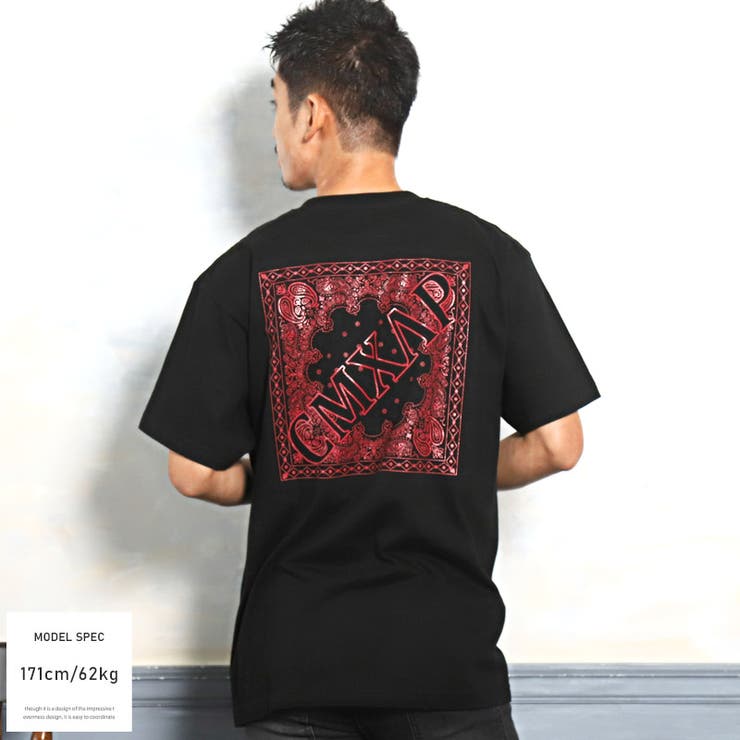 Tシャツメンズレディース半袖ペイズリーバンダナ柄バックプリントロゴ半袖TシャツメンズTシャツトップスブランドCMXAPクマアピストリートカジュアル韓国ビター系BITTERaa-2637