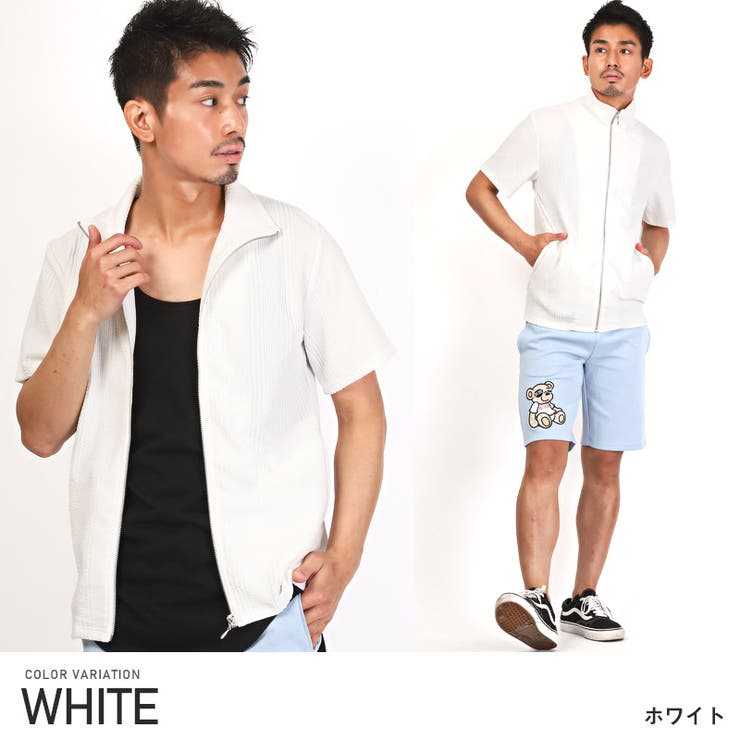 半袖ブルゾンストライプ ジャガード ジッパー[品番：LU000012755