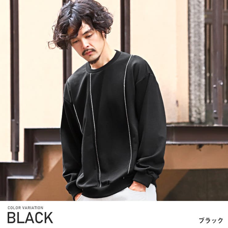 ブラック | メンズトレーナー クルーネック ステッチ加工 | LUXSTYLE