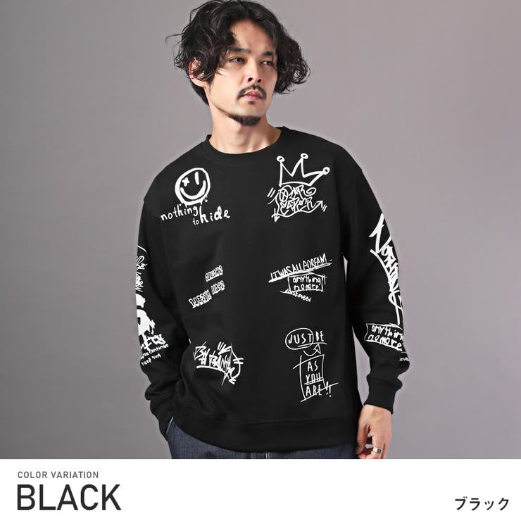 side. グラフィックプリント トレーナー 黒 トレーナー スウェット スポーツ グラフィックプリント オーバーサイズ