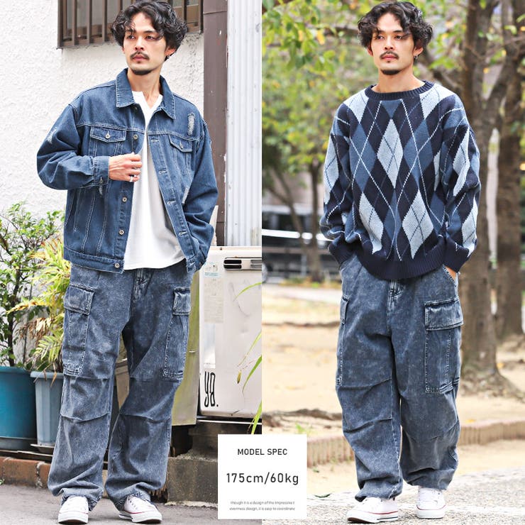 デニムパンツ・カーゴ・メンズ・ワイドパンツ・色落ち・ケミカル加工・イージーパンツ・メンズパンツ・デニムカーゴ・ワイドカーゴ・サイドポケット
