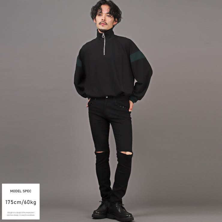 スキニーパンツ・メンズ・ダメージパンツ・クラッシュ・膝・スタッズ・ボトムス・スキニー・スリム・細身・ブラック・黒・無地・ストレッチ・バンド・ロック