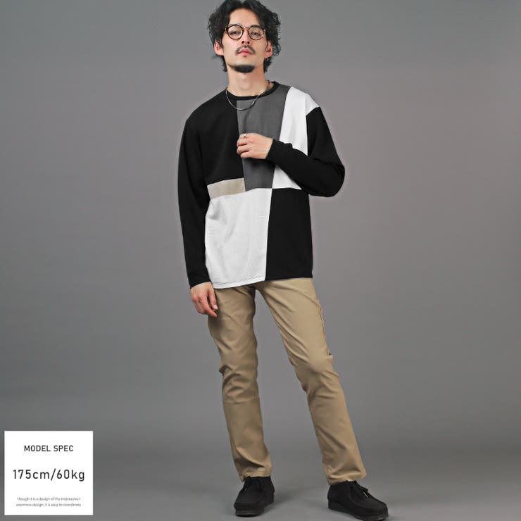 ロンT・メンズ・長袖Tシャツ・異素材・切り替え・ブロック・トップス・長袖・カットソー・クルーネック・配色・切替・リサイクル素材・エコ・再生ポリエステル・シンプル・カジュアル・ストリート・上品・韓国・ユニセックス・aa-2917