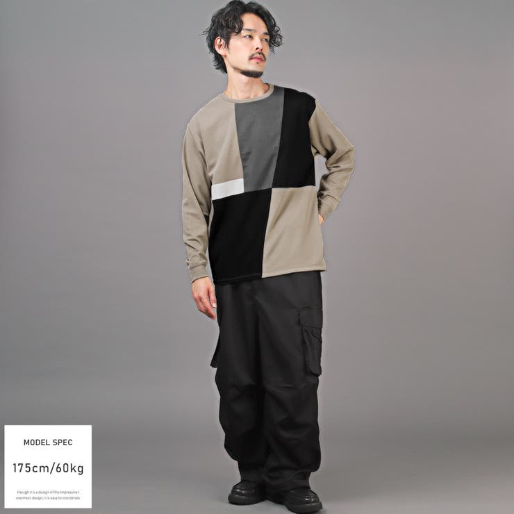 ロンT・メンズ・長袖Tシャツ・異素材・切り替え・ブロック・トップス・長袖・カットソー・クルーネック・配色・切替・リサイクル素材・エコ・再生ポリエステル・シンプル・カジュアル・ストリート・上品・韓国・ユニセックス・aa-2917