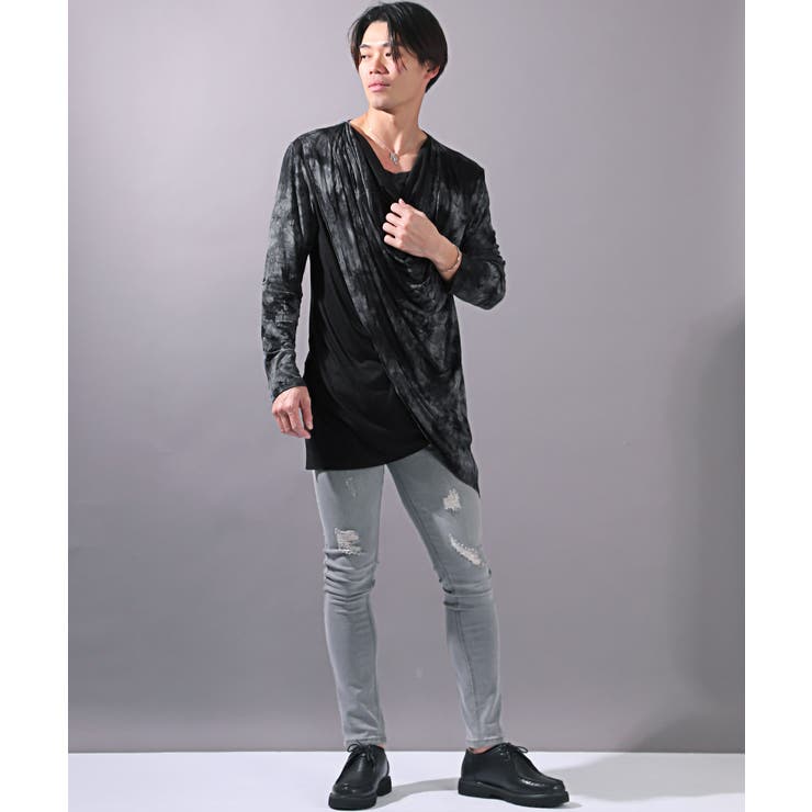 ロンT・メンズ・長袖Tシャツ・タイダイ・ドレープ・フェイクレイヤード・メンズロンT・カットソー・長袖・ロング丈・ムラ染め・ヴィジュアル系・V系・ホスト