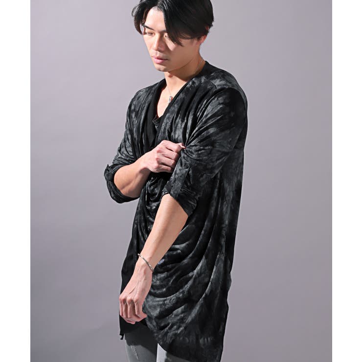 ロンT・メンズ・長袖Tシャツ・タイダイ・ドレープ・フェイクレイヤード・メンズロンT・カットソー・長袖・ロング丈・ムラ染め・ヴィジュアル系・V系・ホスト