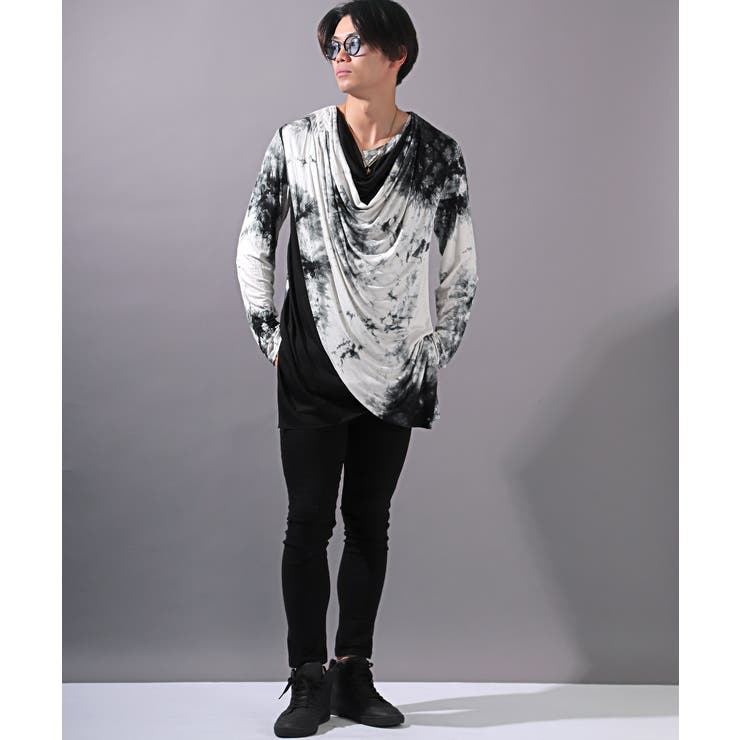 ロンT・メンズ・長袖Tシャツ・タイダイ・ドレープ・フェイクレイヤード・メンズロンT・カットソー・長袖・ロング丈・ムラ染め・ヴィジュアル系・V系・ホスト